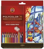 Карандаши цветные художественные Koh-I-Noor "Polycolor 3835", 36цв, заточен.+ точилка+2 ч/гр. кар. 1500, картон, европодвес