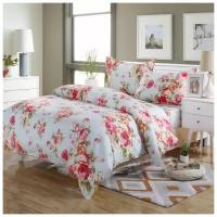 1.5 спальное постельное белье из поплина нежно голубое с розовыми цветами