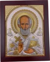 Икона Николай Чудотворец Святитель, деревянная, шелкография, золотой декор, серебро 20*25 см
