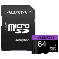 Карта памяти Micro SDXC 64Gb Class 10 A-Data AUSDX64GUICL10-RA1 + адаптер SD