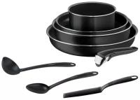 Набор посуды со съемной ручкой Tefal Ingenio Black 04238850, 8 предметов: ковш 16см, сковороды 24, 26, 28 см, кухонные аксессуары, с индикатором температуры и антипригарным покрытием, для газовых, электрических плит