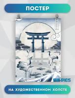 Постер интерьерный на стену для дома в офис, постеры для интерьера на холсте Тории ворота и журавли арт в японском стиле 30х40 см