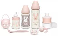 SUAVINEX Premium Бутылочка для новорожденных 150 мл + 270 мл + 360 мл + дозатор молока + пустышка физиологическая силиконовая соска, розовый