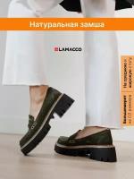 Лоферы женские натуральная кожа туфли кожаные, Lamacco, 1517LC_Темно-зеленый-велюр-(Черно-коричневый)-39