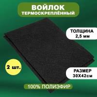 Войлок / Фетр термоскрепленный 2,5 мм / 300 х 420 мм, черный 2 шт