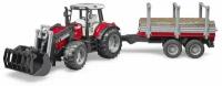 Трактор Massey Ferguson c манипулятором и прицепом