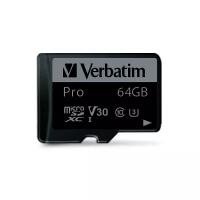 Карта памяти Verbatim 64Gb 90MB/s MicroSD PRO Class 10 UHS-I с адаптером