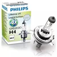 Лампа галогенная Philips H4 LongLife EcoVision 12V 55W, 1 шт, 12342LLECOC1