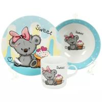 Набор детской посуды из керамики Daniks Медведь, 3 предмета (кружка 230 мл, тарелка 180 мм, салатник 150 мм)