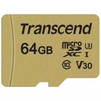 Карта памяти Transcend microSDXC 64 ГБ Class 10, V30, UHS-I U1, R/W 95/60 МБ/с, адаптер на SD, 1 шт., золотистый