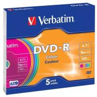 43557-5PCS Диск DVD-R Verbatim 4.7 Gb 16x в Slim Case цветной набор 5 шт