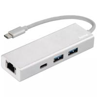 Концентратор HAMA 00135757, USB Type-C -> RJ-45 / USB-A x 2 шт / USB Type-C, серебристый