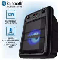 Колонка портативная беспроводная bluetooth SVEN PS-400, переносная с радио и ручкой для переноски / Колонка блютуз музыкальная акустическая с подсветкой / 12 Вт / TWS / USB / microSD / LED-дисплей / вход для караоке микрофона