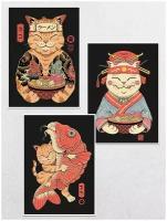 Постеры интерьерные Коты Якудза Японский стиль Набор Плакатов 3 шт