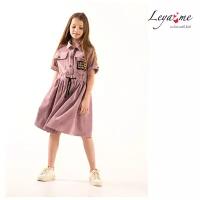 Пудрово-розовое вельветовое детское платье-рубашка для девочки
