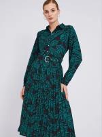 Платье-рубашка длины миди с растительным узором, плиссировкой на подоле и ремнём, цвет Черный, размер XS 023338259093