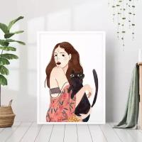 Постер "Брунна Манкузо девушка с кошкой " 40 на 50 в белой рамке / Картина для интерьера / Плакат / Постер на стену / Интерьерные картины