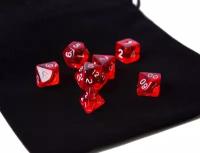 Набор многогранных кубиков для ролевых игр, мини (8-12 мм), прозрачные, рубиновые + мешочек бархатный черный