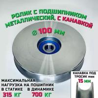 Ролик-шкив с подшипником диаметр 100х12 мм с канавкой 15 мм монтажный, металлический