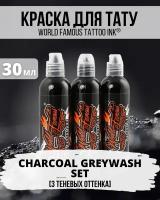 Набор пигментов World Famous - Charcoal Greywash Set 3, краска для тату теневая грейвош - 30 мл