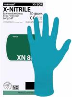 Перчатки нитриловые повышенной прочности с удлиненной манжетой Manual XN 809 сине-зеленый (25 пар, M)