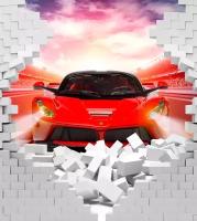 Моющиеся виниловые фотообои GrandPiK Автомобиль красный Ferrari и ломающаяся стена 3D, 250х280 см