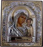 Икона Божией Матери Казанская, деревянная, патина, шелкография, золотой и серебряный декор 8,5*10 см