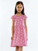 Платье сарафан летнее нарядное для девочки из хлопка с коротким рукавом, розовое, Нежные Сердечки, малиновое 34 (134-140) 8-9 лет