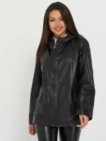 Кожаная куртка Este'e exclusive Fur&Leather демисезонная, средней длины, силуэт свободный, капюшон, размер S, черный