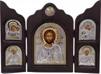 Икона Христос Спаситель, триптих, 5 икон, шелкография, «золотой» декор, «серебро», стразы 16*24 см