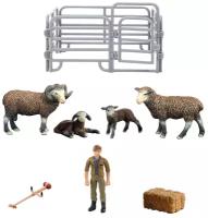 Игрушки фигурки в наборе серии "На ферме", 8 предметов (семья баранов, фермер, ограждение-загон, аксессуары)