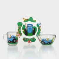 Набор стеклянной посуды «Синий трактор. Цифры», 3 предмета: кружка 250 мл, тарелка 19.5 см, салатник 13 см