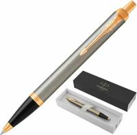 Ручка шариковая PARKER "IM Core Brushed Metal GT", серебристый матовый лак, позолота, синяя, 1931670