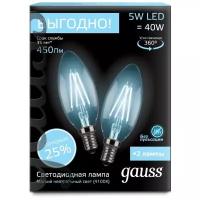 Упаковка светодиодных ламп 2 шт gauss, LED Filament Candle 103801205P E14, C35, 5Вт, 4100К