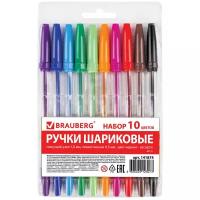 Ручки шариковые цветные Brauberg "Line", набор 10 штук в упаковке, прозрачный корпус, узел 1 мм, линия 0,5 мм