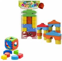 Развивающие игрушки для малышей набор Игрушка сортер "Кубик логический малый" + Мягкий конструктор для малышей "кнопик" 14 дет