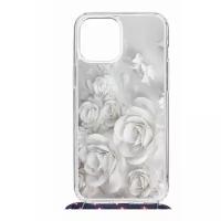 Чехол для Apple iPhone 12 Pro Max Kruche Print MagSafe Magrope White roses, пластиковая накладка со шнурком и рисунком, противоударный силиконовый