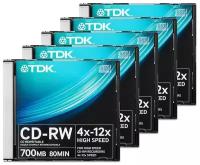 Диск CD-RW TDK 700Mb 12x 5 шт. slim case