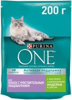 Сухой корм Purina One с индейкой для кошек с чувствительным пищеварением 200 г