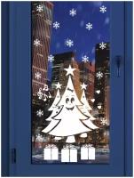 Наклейка на окно виниловая белая "Веселые елки" 60х34см, на окно, на стену Новогодняя наклейка (декор, новогоднее украшение)