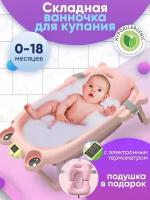 Ванночка для новорожденных Wellinger Kids, ванночка для купания, складная с термометром, лягушка, розовая