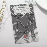 Браслеты «Неразлучники» половинки сердца с ключами, цвет красный в серебре, 17 размер