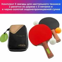 Набор для игры в настольный теннис: 2 теннисных ракетки, 3 мячика 40+мм и черная водонепроницаемая сумка на молнии