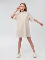 Платье-футболка для девочки с вышивкой, цвет капучино, артикул 223275-5, размер 122-128