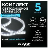 Комплект светодиодная лента с напряжением 220В, излучающая световой поток 600Лм/м, обладает холодным белым цветом свечения с цветовой температурой 6500К и соответствует стандарту защиты IP65. Длина 5 метров