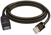 Кабель GCR GCR-UECa5, USB 2.0, AM/AF, GOLD, с усилителем сигнала, разъём для доп.питания, 28/24 AWG, 5 м, 1 шт., черный/прозрачный