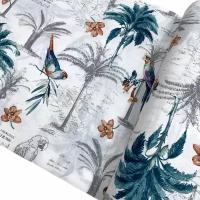 Ткань - Поплин "Пальмы синяя" широкий, 240 см, для постельного белья, одежды, рукоделия и творчества, 0,5 метра