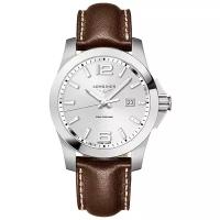 Швейцарские кварцевые часы Longines Conquest Quartz L3.760.4.76.5 на кожанном браслете, с водозащитой 30 бар и международной гарантией от производителя