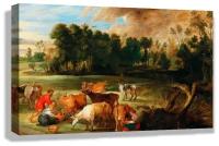 Картина 50x30 см на холсте Питер Пауль Рубенс - Лесной пейзаж с фермерами и их скотом