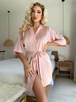Сексуальная женская атласная пижама/халат с поясом. Домашняя одежда. Розовое шампанское, S